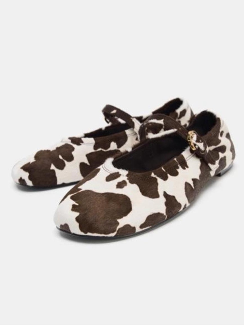 Zara Kids Cow-Pattern Mary Jane Flats - Brown & White